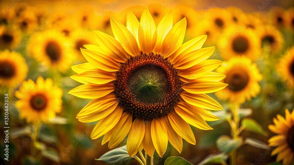 Obraz premium Drone View: Vibrant Sunflower Against Sunny Yellow Sky - Striking Floral Contrast