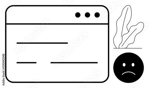 Minimalist browser window with sad face icon and plant pot. Ideal for online stress, UX issues, mental health, productivity, technology frustration, burnout, and simplicity. Flat simple metaphor