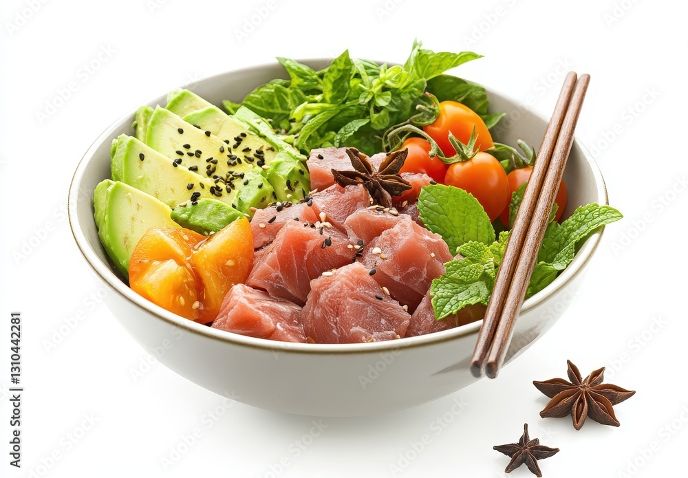 Fresh and Healthy Asian-Inspired Bowl with Avocado, Tuna, Cherry Tomatoes, and Fresh Herbs on a White Background Fresh and Healthy Asian-Inspired Bowl with Avocado, Tuna, Cherry Tomatoes, and Fresh Herbs on a White Background