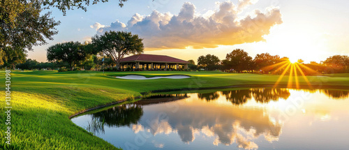 Fototapeta Naklejka Na Ścianę i Meble -  serene golf course at sunset, featuring lush green grass and reflective lake