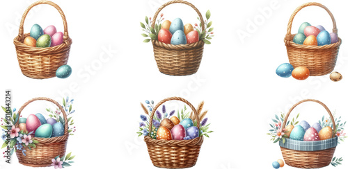 Easter Eggs basket collection. Watercolor Easter basket with colorful painted eggs. Happy Easter Day. Decorated wicker basket with hand-painted easter eggs .