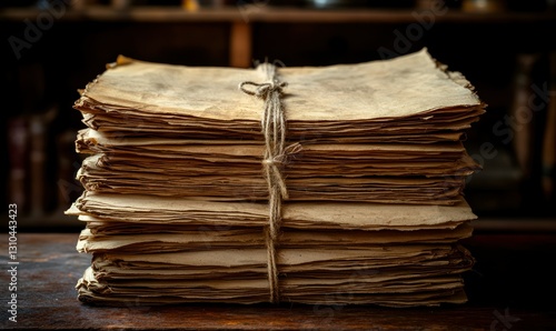 Vintage Bundled Papers on Wooden Table with Dark Background and Historical Feel