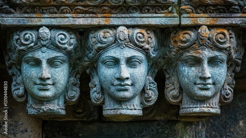Three Stone Carved Faces, Ancient Temple