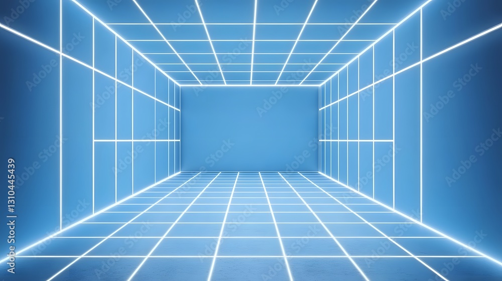 Obraz premium Abstract Blue Neon Grid Room Futuristic Background