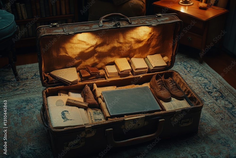 Vintage suitcase full of old books, photographs, and shoes creating a nostalgic ambiance