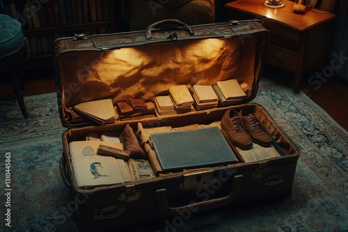 Obraz na płótnie Vintage suitcase full of old books, photographs, and shoes creating a nostalgic ambiance w salonie