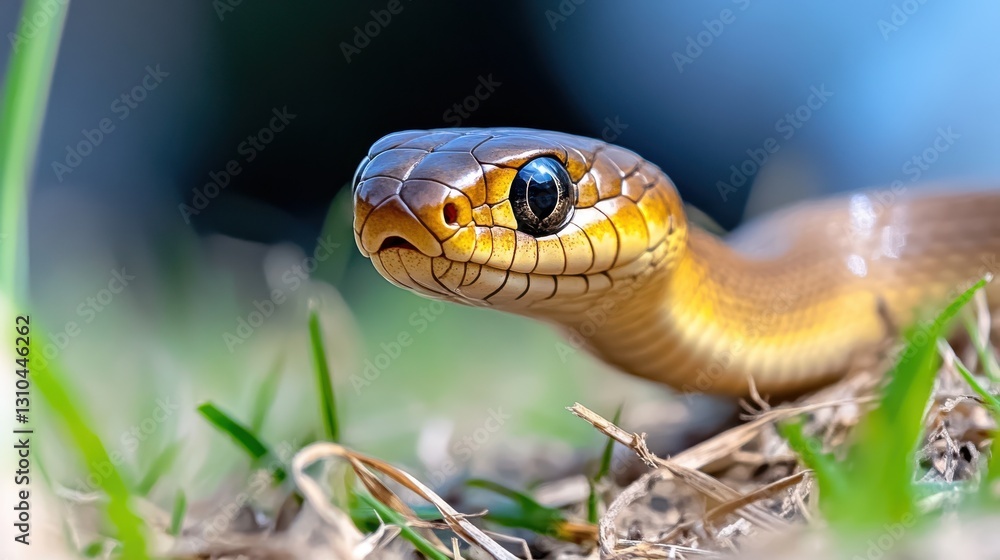 Fototapeta premium Small smooth snake poised in grass, displaying its striking colors