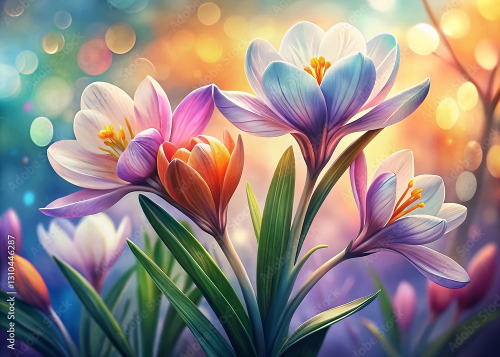 Naklejka premium Easter Botanical Illustration: Delicate Spring Flowers with Bokeh, Scientific Drawing Style
