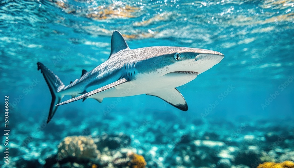 Fototapeta premium Graceful Shark Swimming Among Coral Reefs in Crystal Clear Tropical Waters