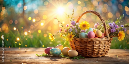 Easter Eggs in Basket with Sun Rays, Bokeh Lights & Wildflowers - Spring Festive Photo