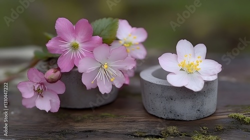 Delicate Pink Flowers in Concrete Pots, Spring Blossom Still Life Photography
