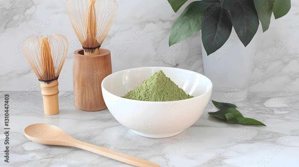 Serene Matcha Powder Still Life, Bowl, Whisk, Spoon Serene Matcha Powder Still Life, Bowl, Whisk, Spoon