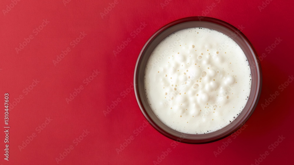 Creamy foam bowl, red background, overhead shot, food photography Creamy foam bowl, red background, overhead shot, food photography
