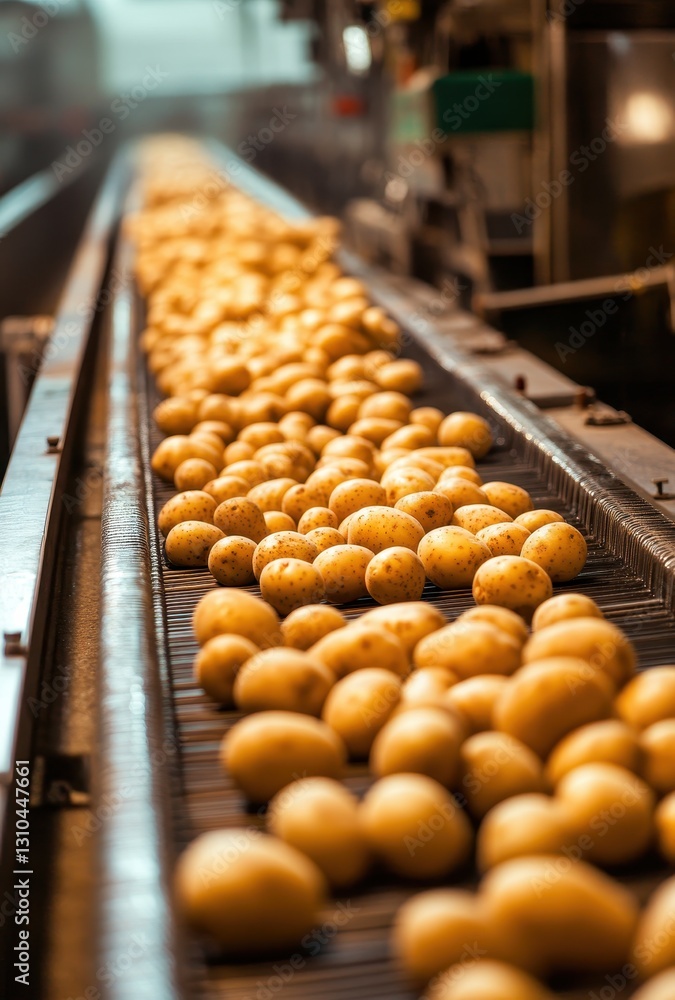 Fresh Potatoes on Conveyor Belt in Food Processing Plant Ready for Sorting and Packaging in Agricultural Industry for Supply Chain Management and Distribution Fresh Potatoes on Conveyor Belt in Food Processing Plant Ready for Sorting and Packaging in Agricultural Industry for Supply Chain Management and Distribution