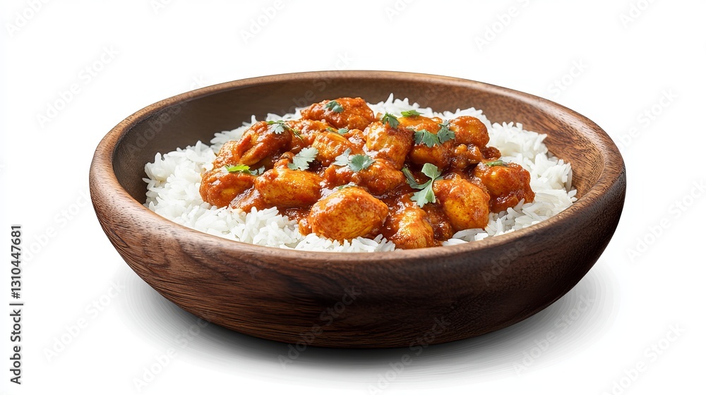 Delicious Chicken Tikka Masala with Fluffy Basmati Rice served in a Rustic Wooden Bowl Aromatic Indian Cuisine Food Photography Spicy Flavorful Meal Delicious Chicken Tikka Masala with Fluffy Basmati Rice served in a Rustic Wooden Bowl Aromatic Indian Cuisine Food Photography Spicy Flavorful Meal