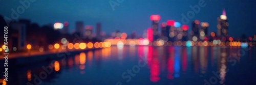 Cityscape lights swirl in abstract circular bokeh on blue background, city glow, contemporary, blue background