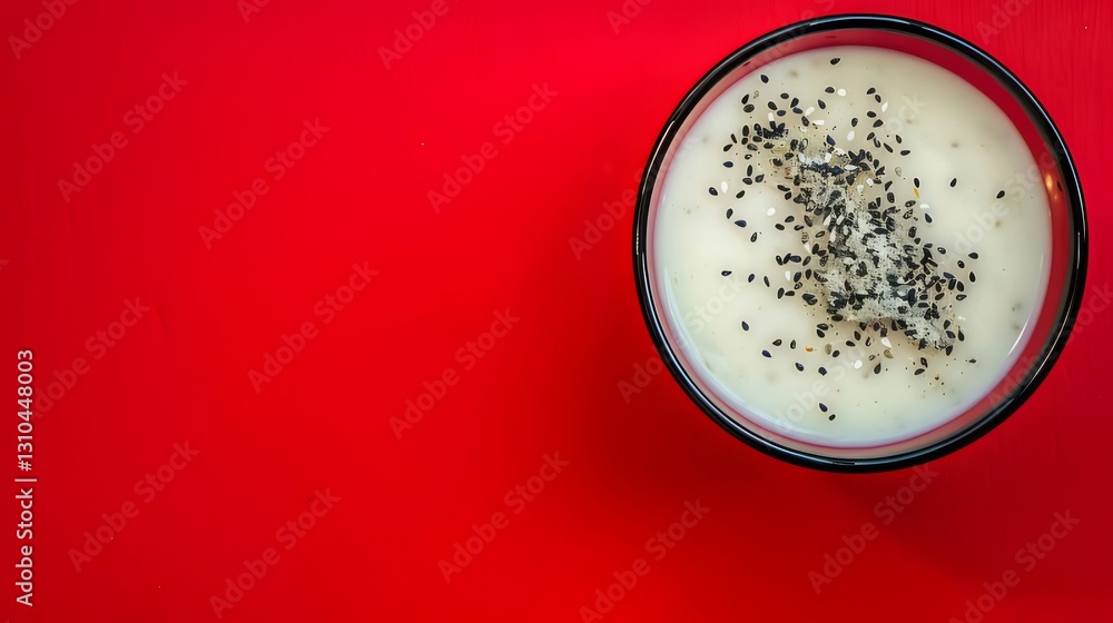 Creamy chia pudding, red background, overhead shot Creamy chia pudding, red background, overhead shot