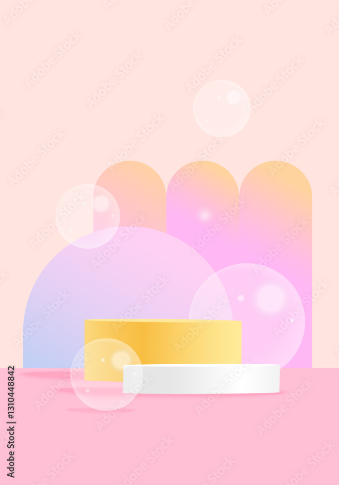 Bright poster with figures, bubbles and podium stand platform painted with gradients. Product presentation template. Bright poster with figures, bubbles and podium stand platform painted with gradients. Product presentation template.
