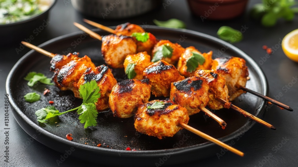 Fototapeta premium Spicy tandoori chicken skewers on a black plate with smoky charred edges and vibrant garnishes, showcasing traditional indian grilled cuisine with rich aromatic spices for a delicious and flavorful fo