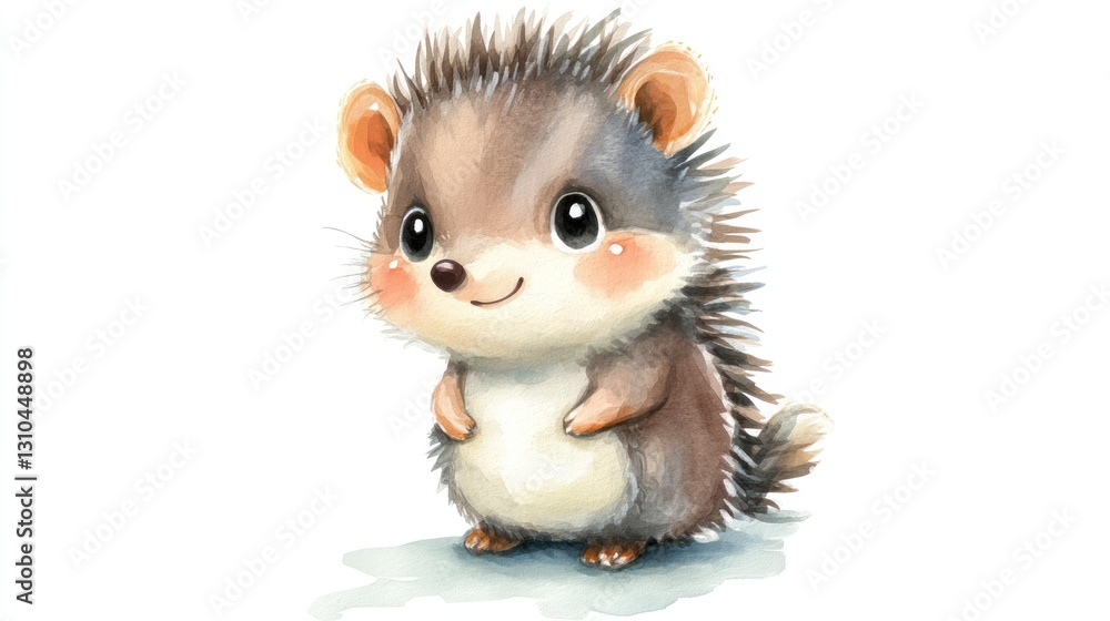 Fototapeta premium A cute watercolor illustration depicts a small smiling hedgehog on white background
