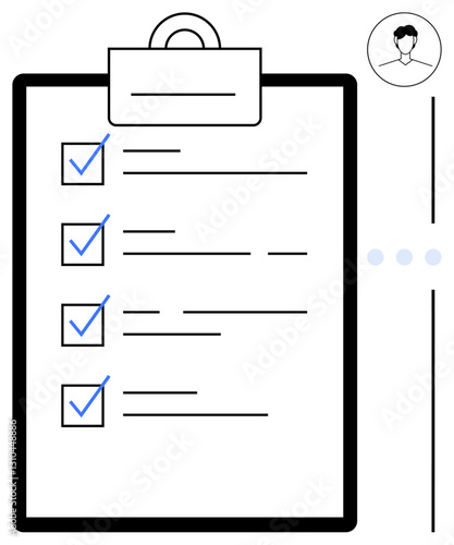 Detailed clipboard with checked boxes, lines for tasks, and profile icon. Ideal for productivity, task management, planning, organization, accountability, work delegation flat simple metaphor