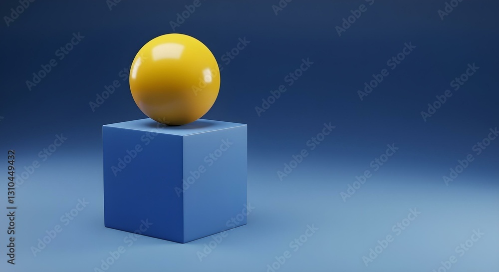 A digital art piece features a yellow sphere balanced atop a blue cube, set against a gradient blue background A digital art piece features a yellow sphere balanced atop a blue cube, set against a gradient blue background