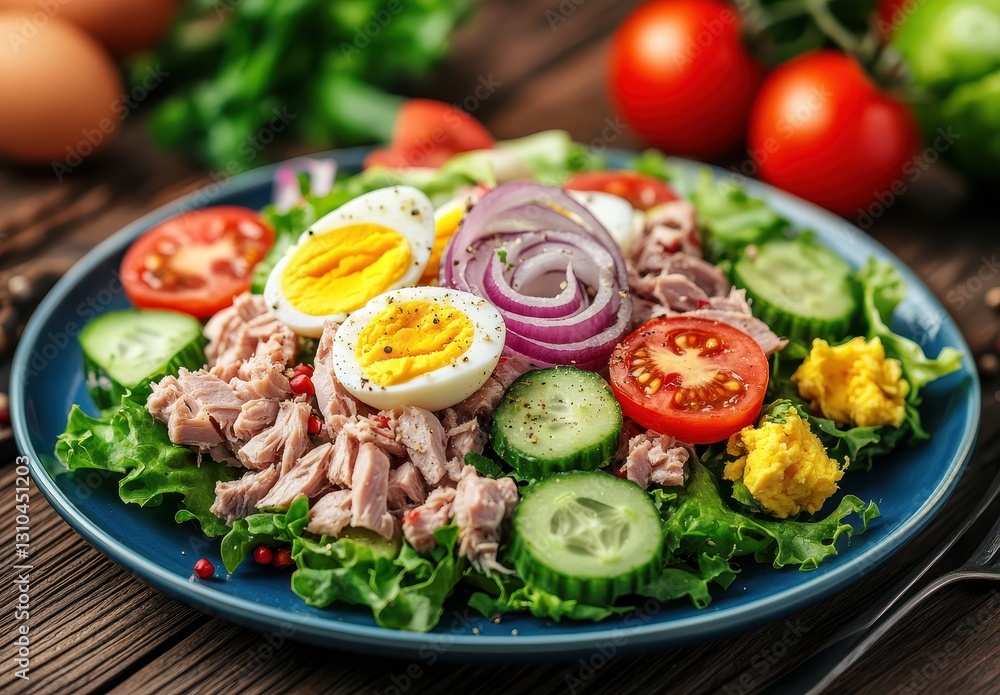 Fresh Salad with Tuna, Boiled Eggs, Cucumbers, Tomatoes, and Onions on Rustic Table Surrounded by Fresh Ingredients and Natural Light Fresh Salad with Tuna, Boiled Eggs, Cucumbers, Tomatoes, and Onions on Rustic Table Surrounded by Fresh Ingredients and Natural Light