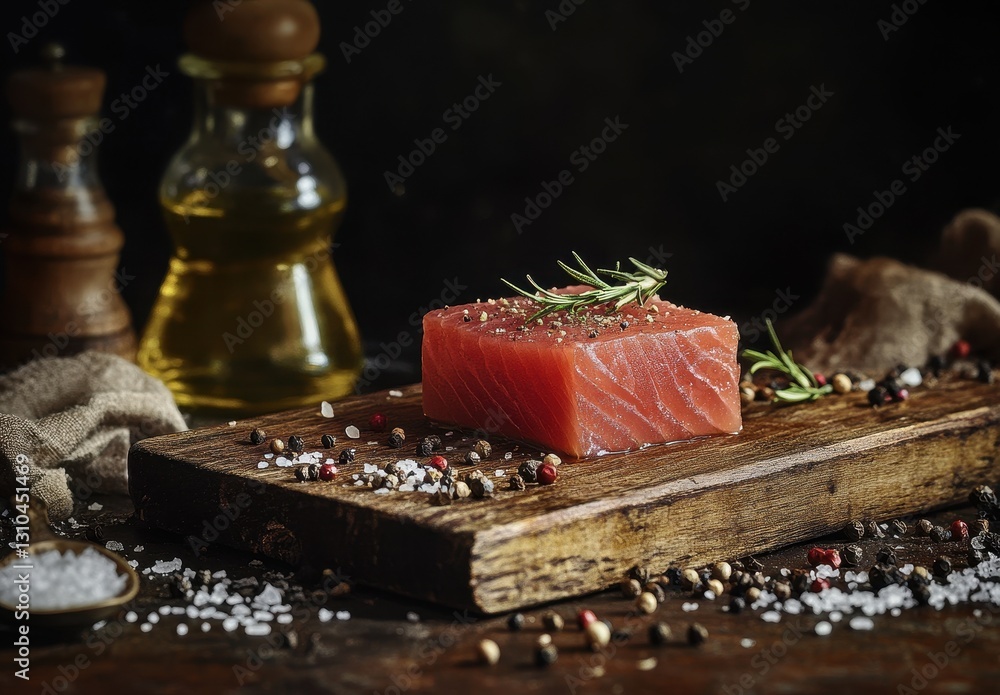 Fresh Salmon Fillet on Wooden Cutting Board with Spices, Olive Oil, and Herbs in Dark Kitchen Setting for Culinary Delights and Healthy Recipes Fresh Salmon Fillet on Wooden Cutting Board with Spices, Olive Oil, and Herbs in Dark Kitchen Setting for Culinary Delights and Healthy Recipes