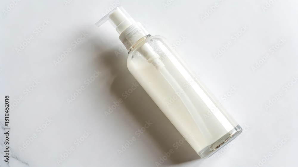 Clear Glass Bottle with White Liquid and Pump Dispenser on White Background Clear Glass Bottle with White Liquid and Pump Dispenser on White Background