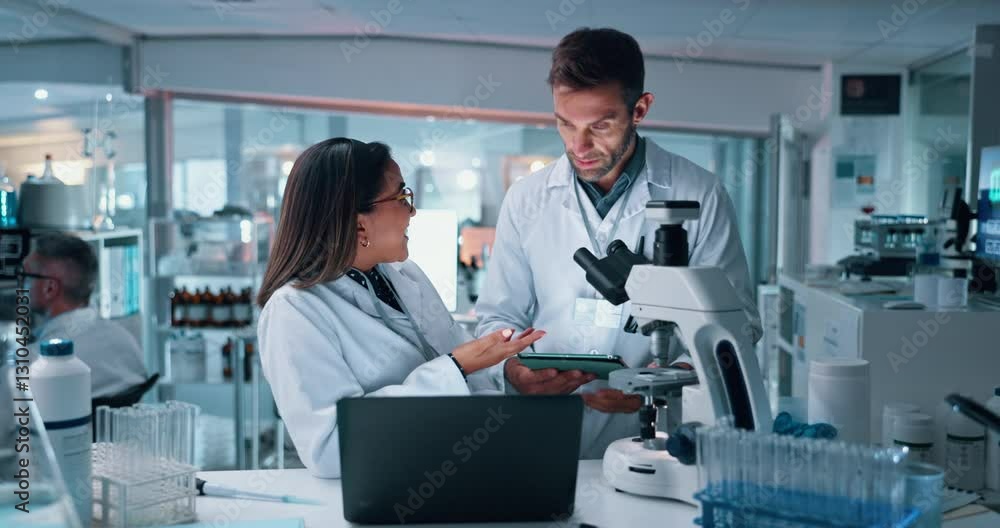 Science, laboratory and people high five with microscope for medical discovery, research and lab results. Healthcare, biotechnology and scientists on tablet for teamwork, breakthrough or vaccine cure Science, laboratory and people high five with microscope for medical discovery, research and lab results. Healthcare, biotechnology and scientists on tablet for teamwork, breakthrough or vaccine cure