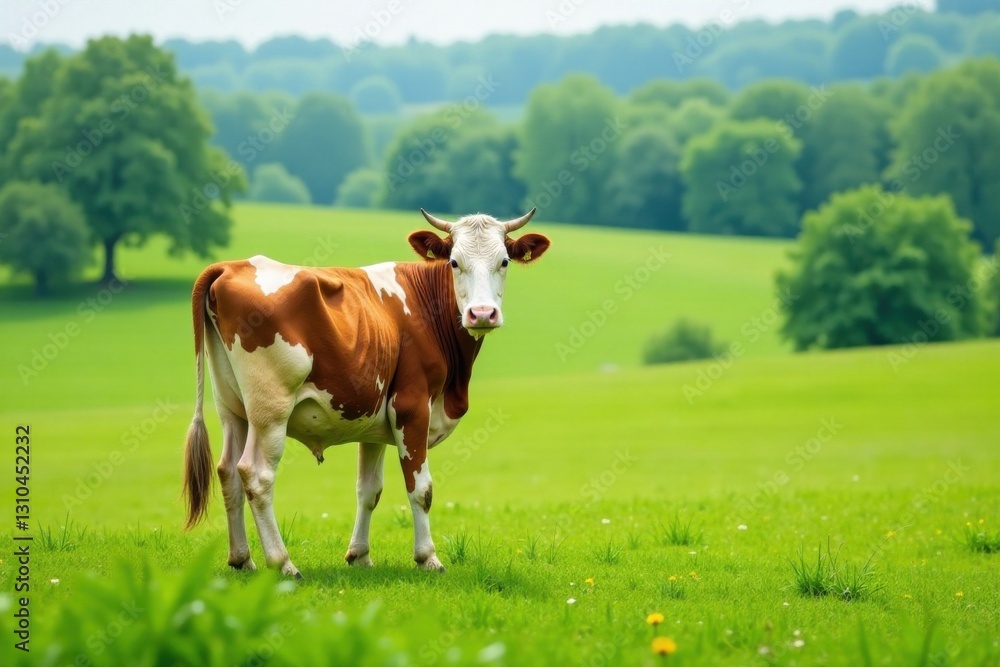Obraz premium Cow standing alone in green pasture, farm animal, , cow
