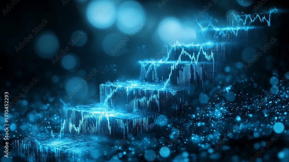 Fototapeta premium Glowing blue steps, dark bokeh background