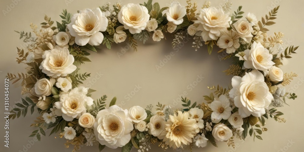 Obraz premium Elegant floral wreath featuring mixed blooms in gold and cream hues, vintage style, wedding invitations
