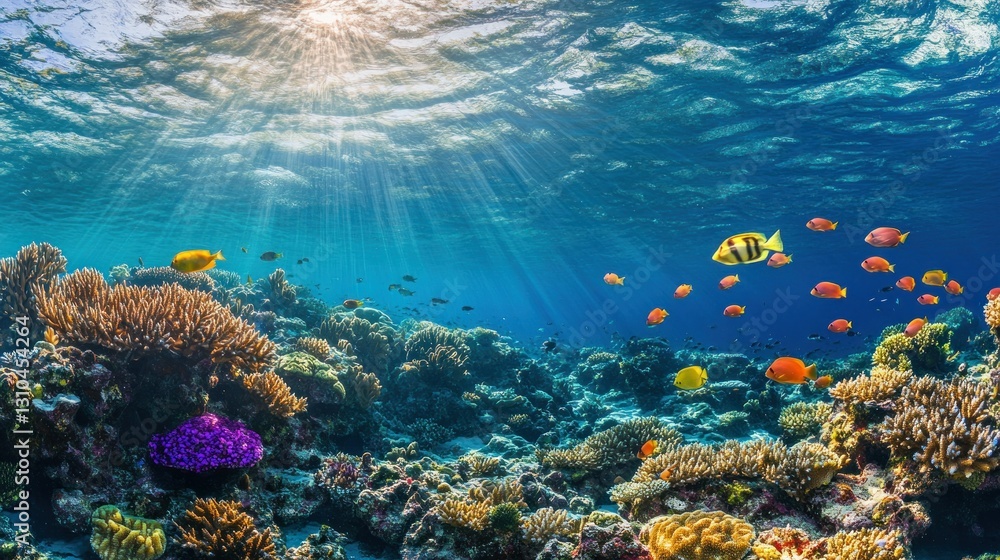 Fototapeta premium Vibrant Underwater Scene with Colorful Coral Reef and Various Tropical Fish Swimming