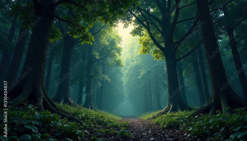 Naklejka premium Dark forest with a massive hole in the canopy above it, tree, hole, nature