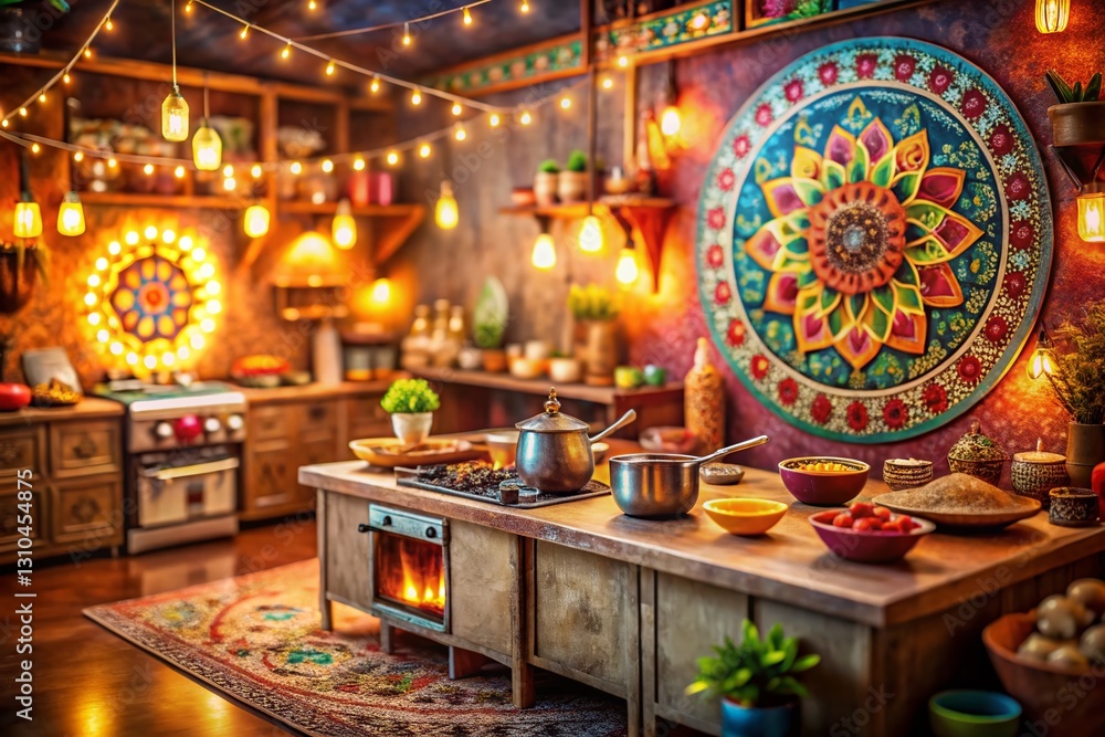Elegant Boho Mandala Cooking Backdrop: Tilt-Shift Miniature Food Photography Elegant Boho Mandala Cooking Backdrop: Tilt-Shift Miniature Food Photography