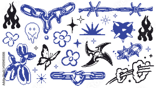 Abstract pixel art symbols and shapes on gray background. Vector y2k elements for trendy designs.