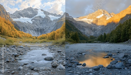 Scenic Landscape of Majestic Mountains and Tranquil River at Sunset in New Zealand