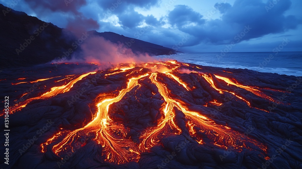 Glowing Lava Flow Meets Ocean at Dusk Glowing Lava Flow Meets Ocean at Dusk