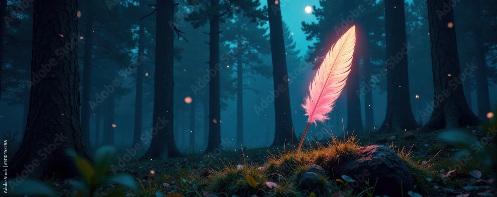 Fototapeta premium Glowing arrow with feathers in a forest night sky, mystical, magical, celestial