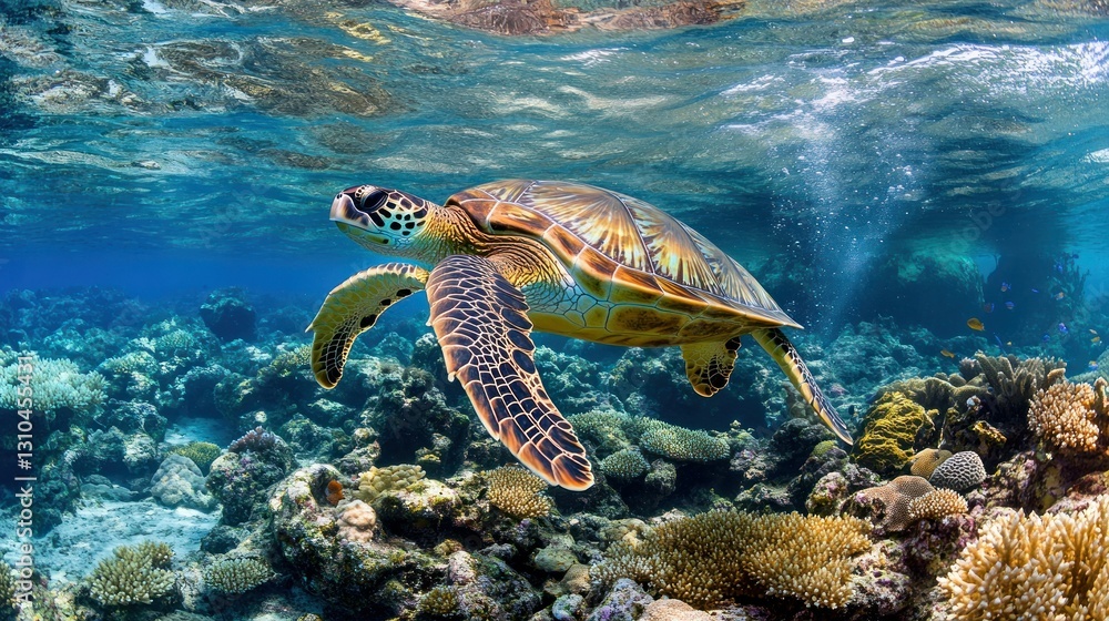 Fototapeta premium Vibrant Green Sea Turtle Swimming Gracefully Above Colorful Coral Reef Underwater