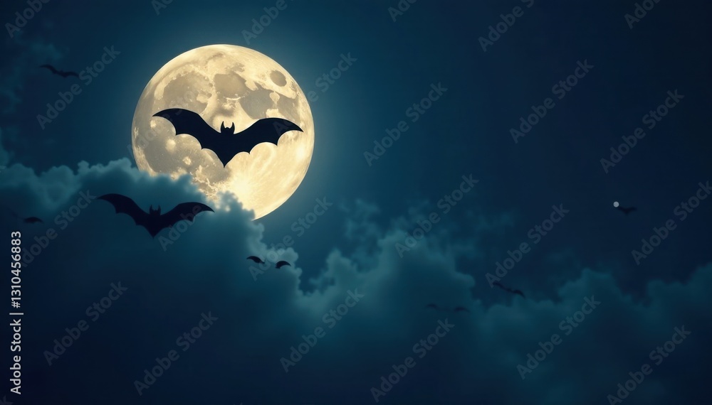 Dark silhouette of flying bats against full moon, halloween, dark skies, full moon Dark silhouette of flying bats against full moon, halloween, dark skies, full moon