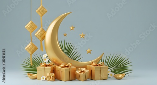 Golden crescent moon with gift boxes for Ramadan and Eid celebration greetings and Islamic decor