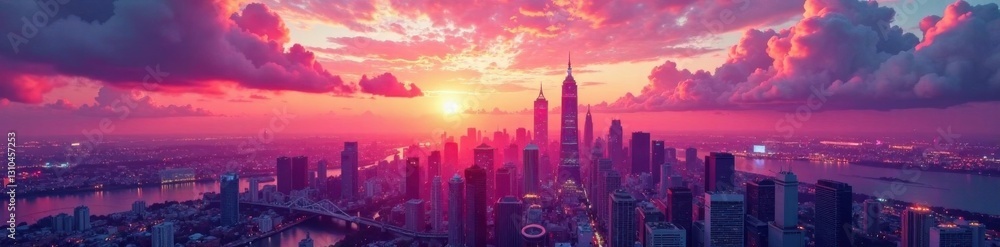 Fototapeta premium Gradient texture set on a futuristic cityscape at sunset, technology, modern architecture, gradient textures
