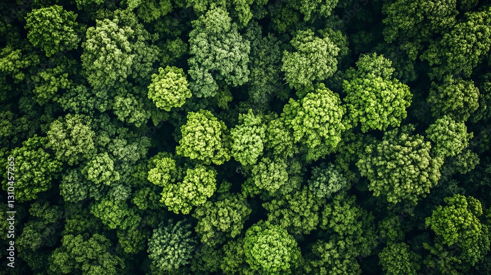 Naklejka premium Aerial View Lush Green Forest Canopy Nature Texture Background Image High Resolution Detailed Summer Woods Overhead Shot Greenery Springtime Ecology 