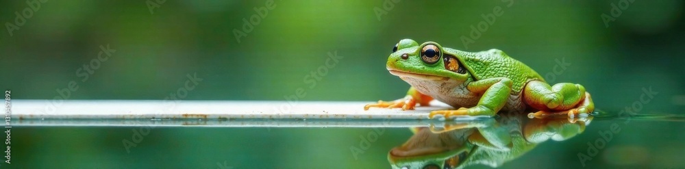 Fototapeta premium Grenouille avec panneau blanc flottant au-dessus d'un lac calme, plante, lanterne, eau