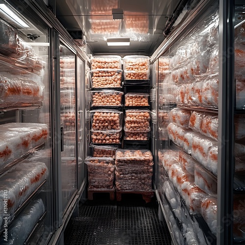 Organized Frozen Food Storage Facility with Stacked Boxes and Racks