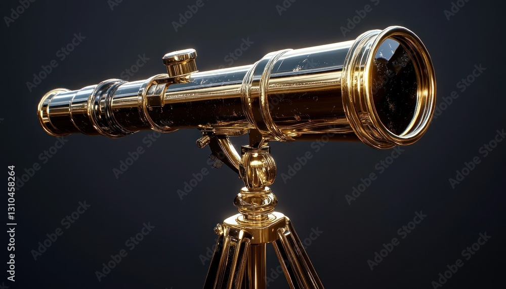 Naklejka premium Elegant vintage golden telescope on a tripod against a dark background for exploration