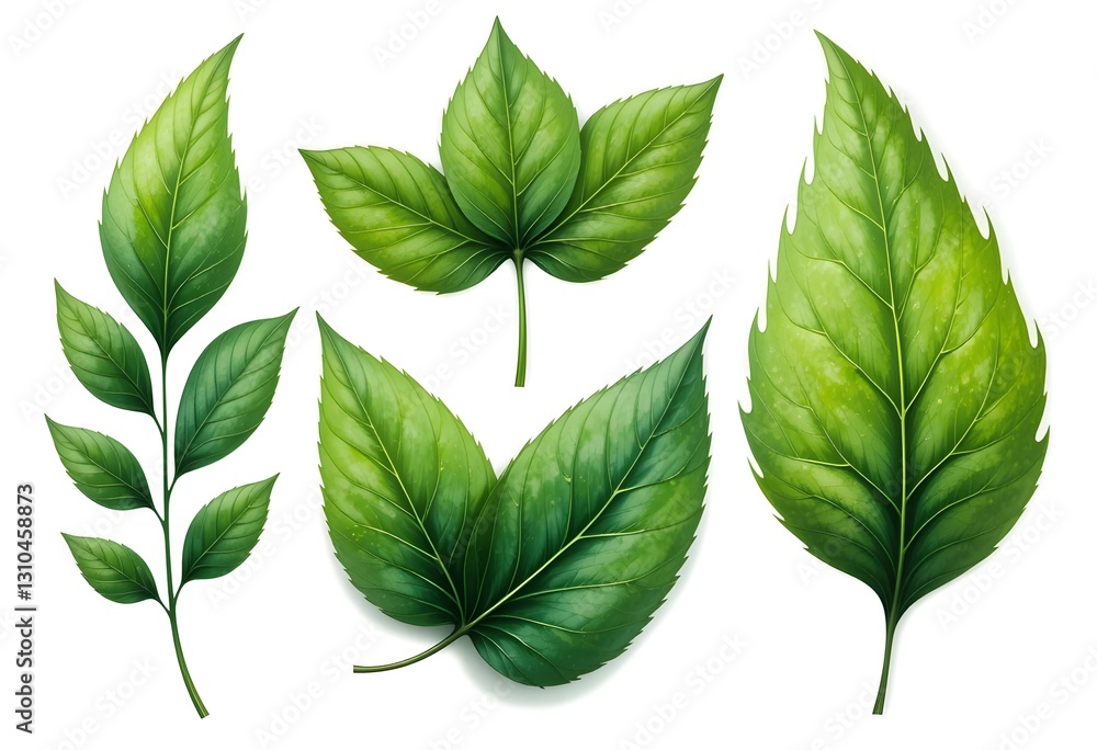 Set of different green leaves, children's book illustration style, isolated on white. Diverse shapes and textures create a fresh and natural look, ideal for design and educational use. Set of different green leaves, children's book illustration style, isolated on white. Diverse shapes and textures create a fresh and natural look, ideal for design and educational use.