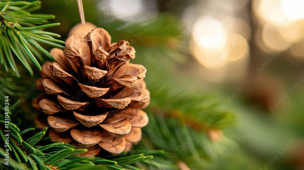 Pine cone nestled in green needles under soft sunlight Pine cone nestled in green needles under soft sunlight
